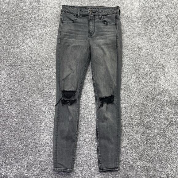 American Eagle Jeans Womens 4 Reg Gray Hi Rise Jegging Distressed Rips Denim - Picture 1 of 11